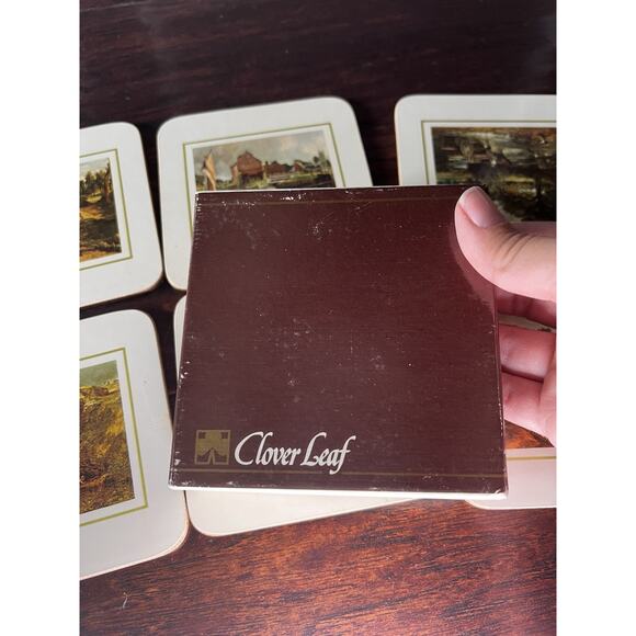 VTG Boxed Set Of 6 Clover Leaf Cork Coasters Floral White Flowers Made In UK EUC - Picture 2 of 9